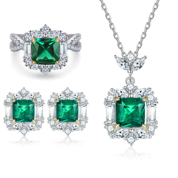 Venushe 2CT Princess Cut  Emerald Stone Sterling Silver Jewelry Set