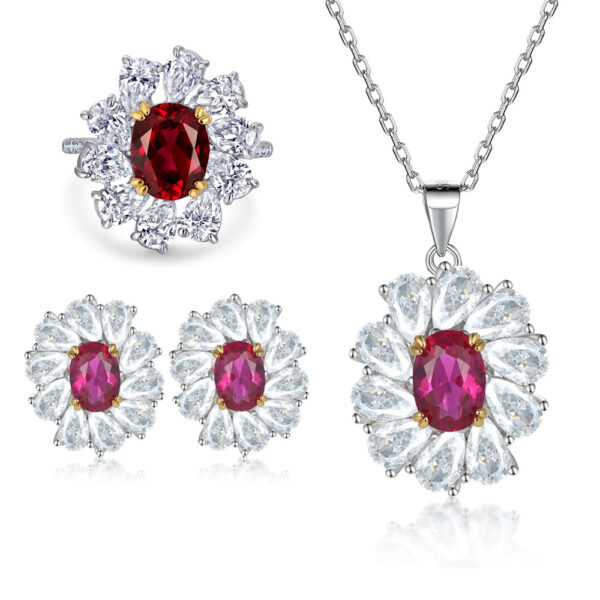 Venushe Flower Oval Cut  Ruby Stone Sterling Silver Jewelry Set