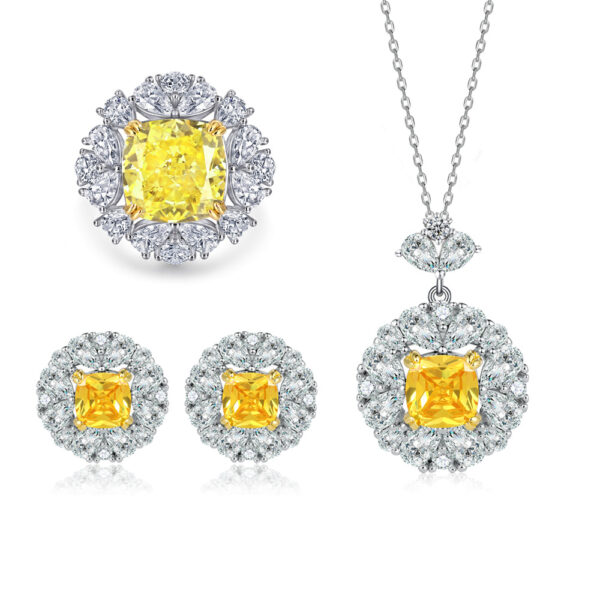 Venushe Chrysanthemum Princess Cut  Yellow Stone Sterling Silver Jewelry Set